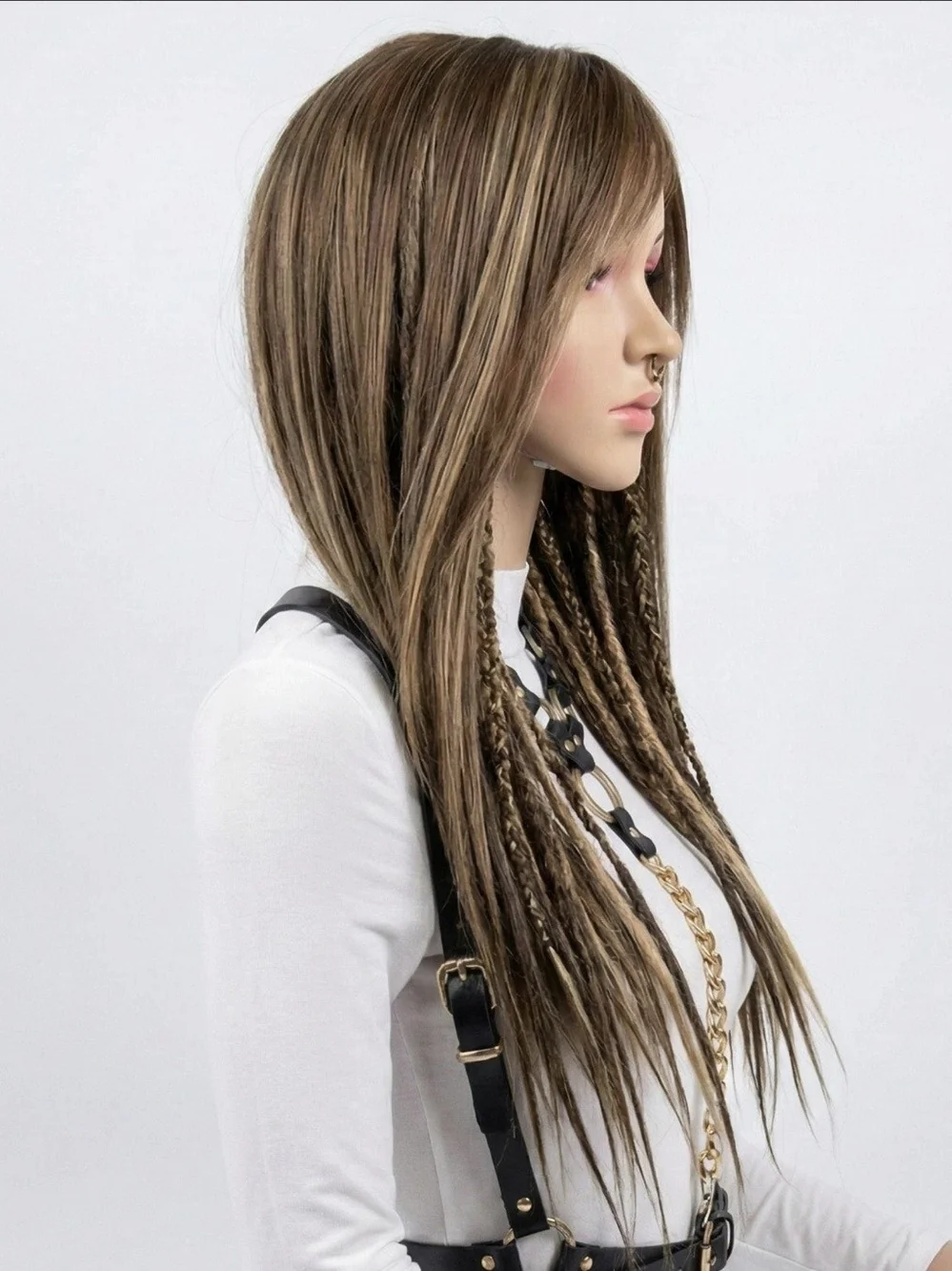 Custom Made Partial Deadlock Synthetic Wig with Blonde Highlights - Taupe Brown